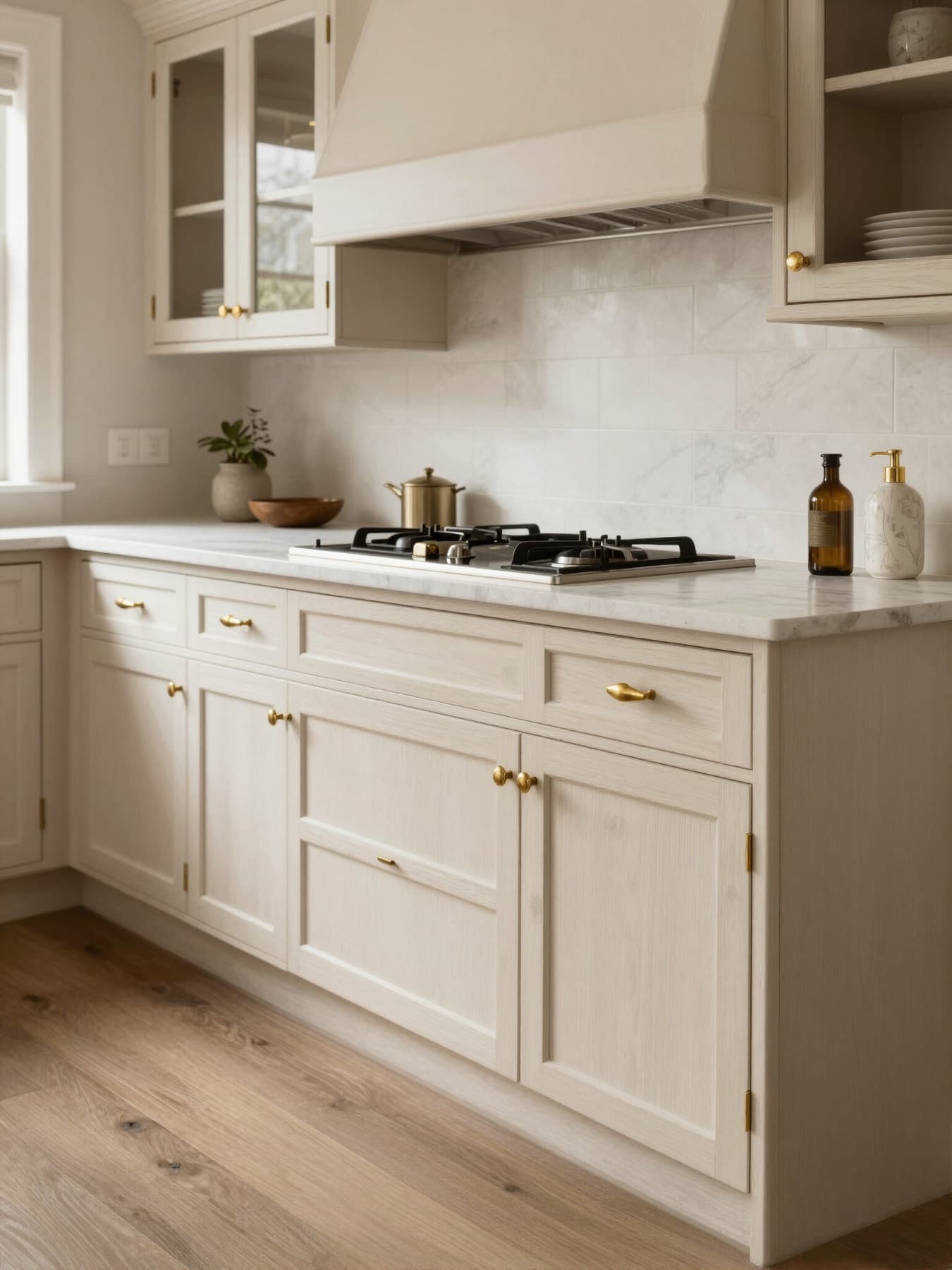 Bright, freshly cleaned cream kitchen with brass hardware