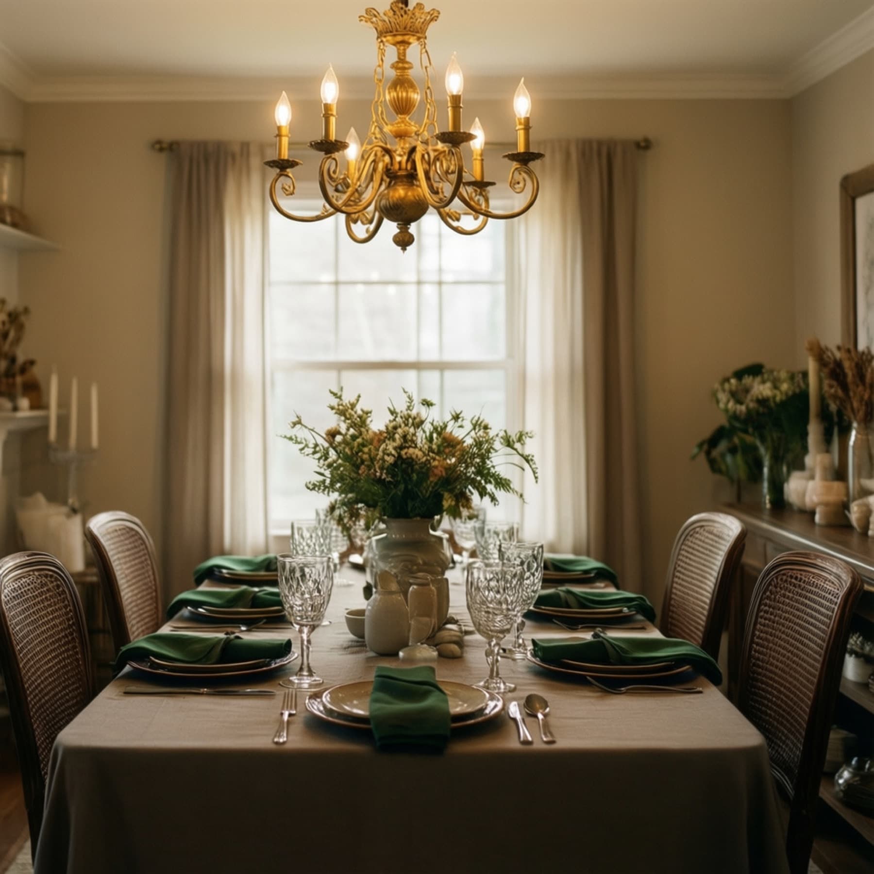 Dining table set with sage napkins under a brass chandelier