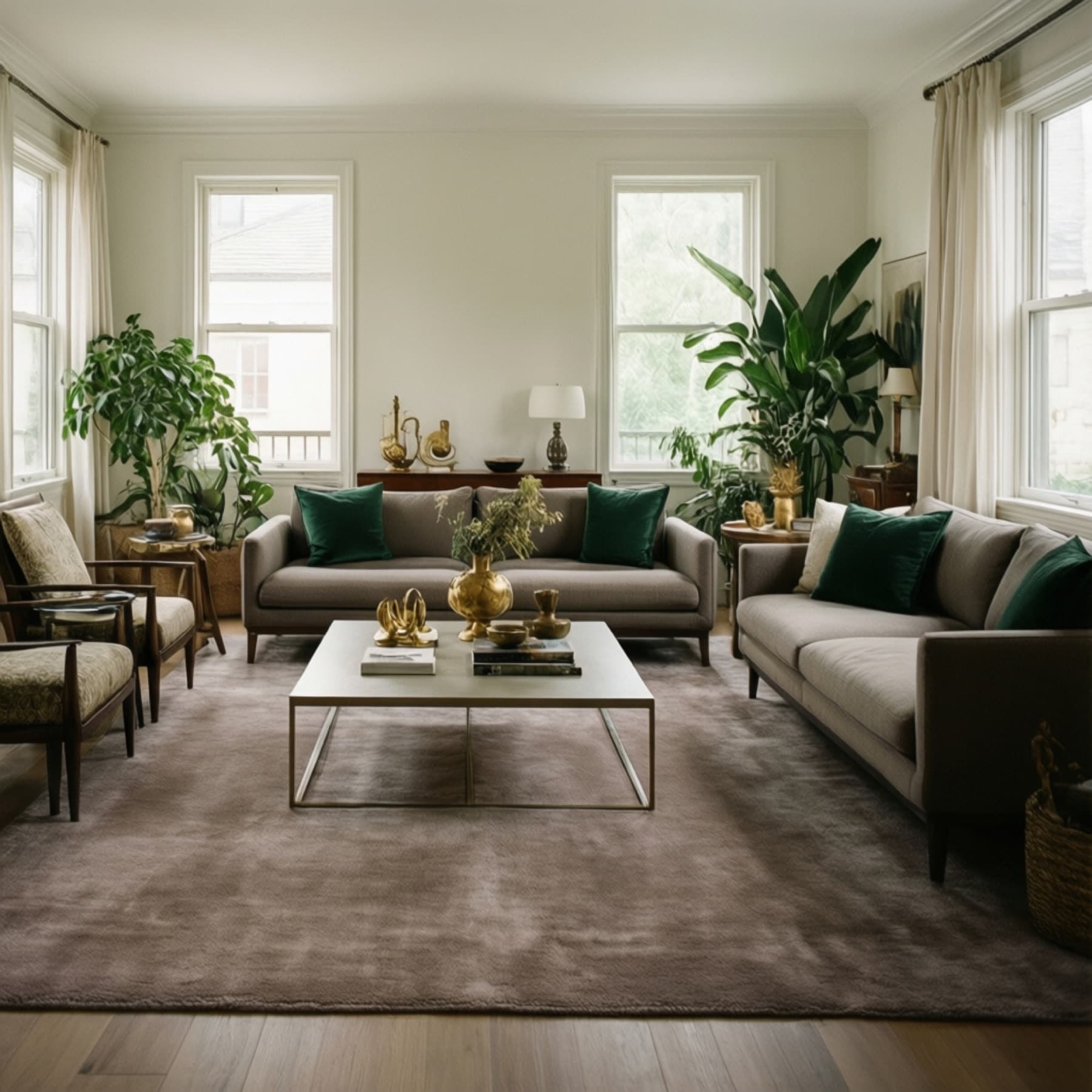 Staged living room with sage velvet pillows and brass accents